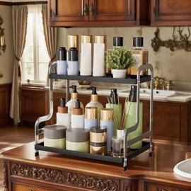 Makeup Organizer for Vanity Storage,Bathroom Organizer Countertop,Black Sliver 2 Tier Large Capacity Cosmetics Skincare Organizers for Dresser,Organizer Tray for Spinning Perfume Bedroom Corner