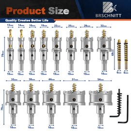 BRSCHNITT TCT Hole Saw Kit for Hard Metal -13/14/16/19/22/25/29/32/35/38/44/51/54mm Tungsten Carbide Tipped Hole Cutter Set for Stainless Steel,Iron,Wood,Plastic&Adapter&Metal Blade