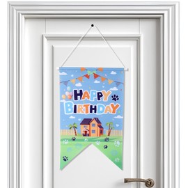 Cartoon Birthday Door Banner, Pre-Strung Blue Cartoon Dog Theme Happy Birthday Door Banner Garland Washable and Reusable Indoor Outdoor Party Decorations Supplies for Girls Boys