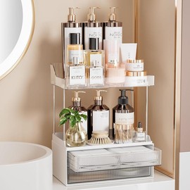 DELAMU 2-Tier 2-Drawer Countertop Organizer, Ideal for storing cosmetics, skincare, toiletries, Storage Racks Boxes:_Cream White