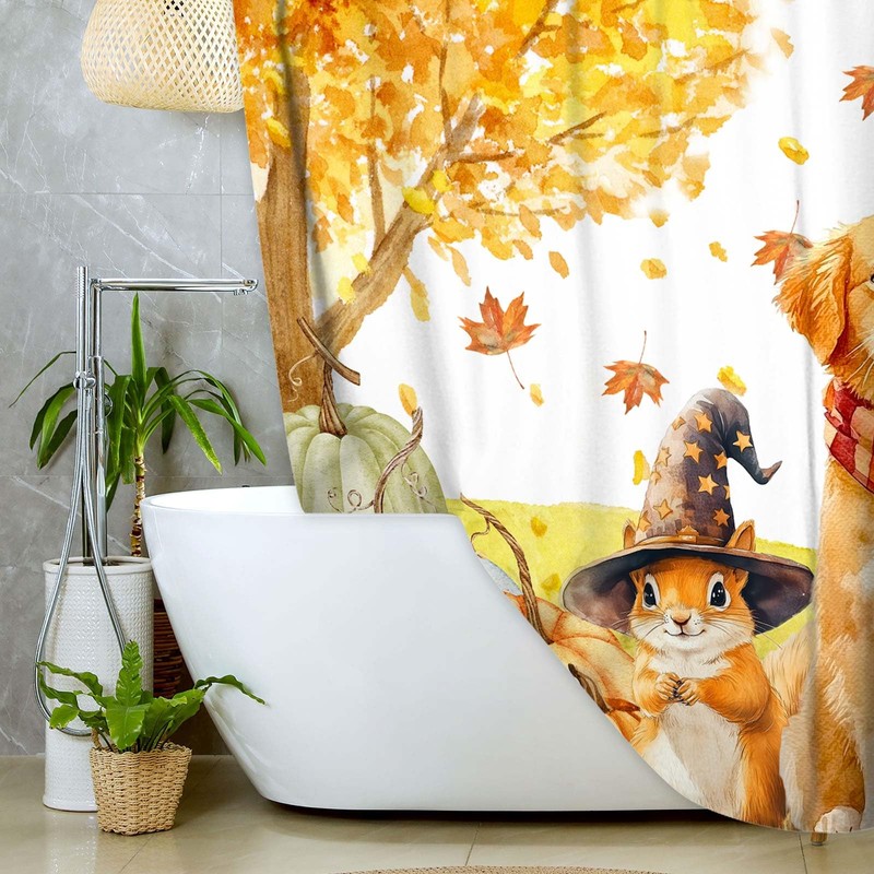 Fall Shower Curtain, Autumn Thanksgiving Pumpkin Cute Dog Squirrel Harvest