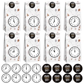 Tenceur 8 Pack New Year's Eve Countdown Paper Gift Bags with 16 Stickers Bulk Happy New Year Party Favors Treat Goodie Candy Bags for Kids Midnight Celebration Activities Party Supplies, 5"x3"x9"