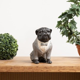 Moritz Decorative Figure Pug Dog in Grey Suit with Bow Tie Seat Made of Polyresin Decoration Idea Stand Decoration Animal World Statue Pet Sculpture