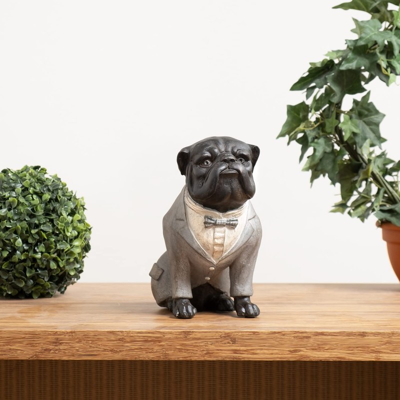 Moritz Decorative Figure Pug Dog in Grey Suit with Bow