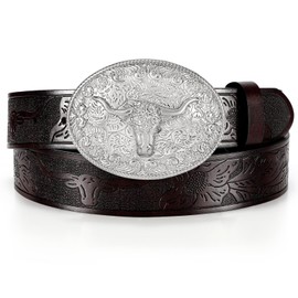 JASGOOD Mens Cowboy Belt Cowgirl Belt Western Belts for Women with Engraved Floral Bull Head Buckle Western Leather Buckle Belt for Jeans, Coffee, M