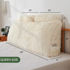 HIGOGOGO Wedge Headboard Pillow, Bed Rest Reading Pillow, Backrest Positioning Support Bolster Cushion with Faux Fur Removable Cover,Queen 60X20.4X8.4,Beige