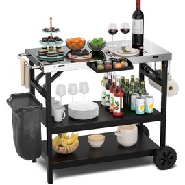 Giantex Outdoor Grill Cart with Wheels, Food Prep Table with 3 Storage Shelves, Detachable Spice Rack, Garbage Bag Holder, 4 Hooks, Movable Dining Cart Worktable Trolley for Outside Kitchen BBQ