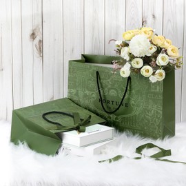 LVNRIDS 10 Pack Gift Bag, Elegant Gift Bags for Presents with Ribbbon, Large Luxury Gift Bag for Wedding Bridesmaid Christening Graduation Birthday Party 36x12x25cm Green