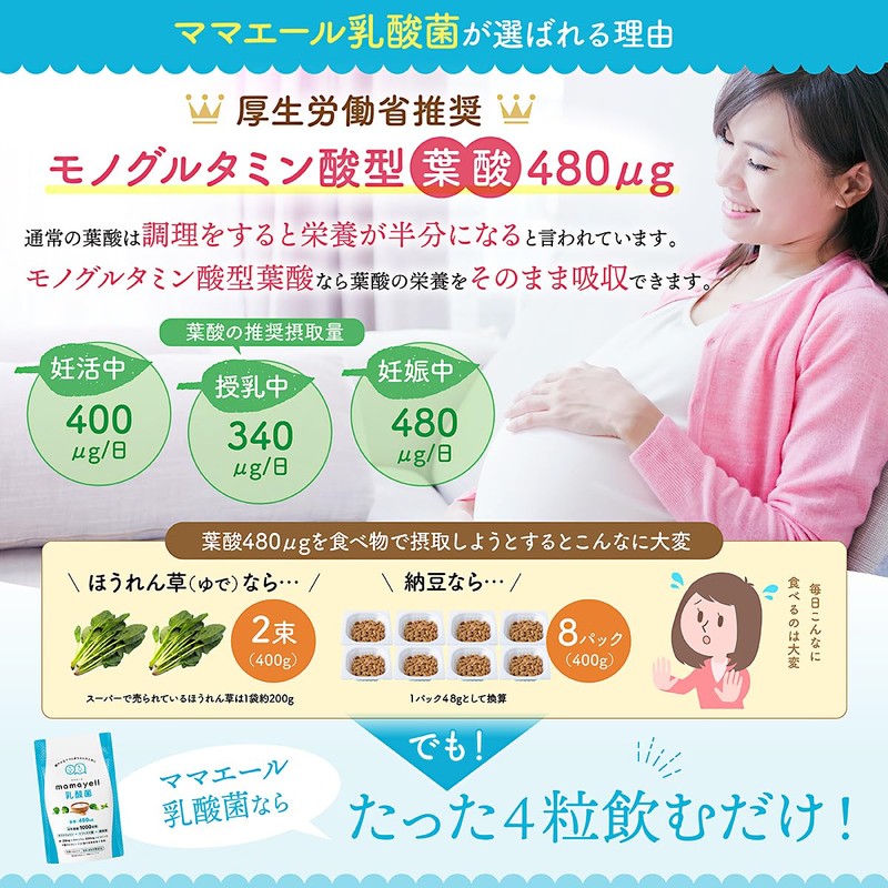 ママエール乳酸菌 葉酸 高配合 480μg 妊婦 妊娠 産後 サプリメント W乳酸菌 鉄
