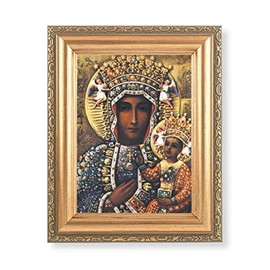 Our Lady of Czestochowa Picture, Antique Gold 5-1/2"x7 Frame with Acanthus-Leaf Edging Under Glass