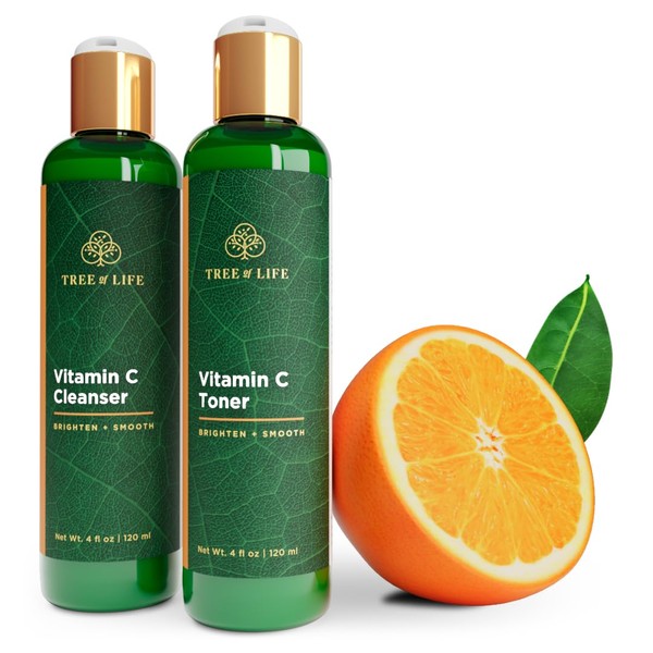 Tree of Life Vitamin C Brightening Duo, Facial Toner for Minimizing Pores & Facial Cleanser for Gentle Deep Cleaning with Organic Aloe, Clean Dermatologist-Tested Skin Care, 2 X 4 Fl Oz