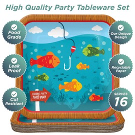 HOME & HOOPLA Camping and Fishing Party Supplies - Fisherman Square Paper Dinner Plates for 16 Guests