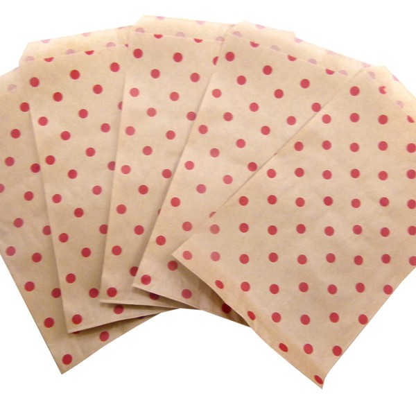 N'icePackaging 20 Qty 4" x 6" Decorative Flat Paper Gift Bags - Red Polka-Dot on Brown Kraft Bags - for Sales Merchandise/Candy/Cookies/Party Favors/Pens/Gifts