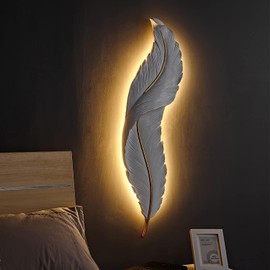 DJAMEL :Creative Wall Sconce，White Resin Feather Decorative Wall Light, LED Indoor Living Room Wall Mounted Light Fixture Lamps for Indoor Living Room Bedroom Hallway (L9.4*W2.7*H35.8”(L),)