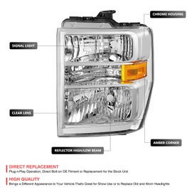 DNA MOTORING Headlamps Headlight Assembly Compatible WithFord E150 E250 08-14 / E350SD E350SD 08-21 / F650 F750 16-21, Pair, with Harness Adapters, Chrome/Amber, HL-OH-ESD08-CH-AM