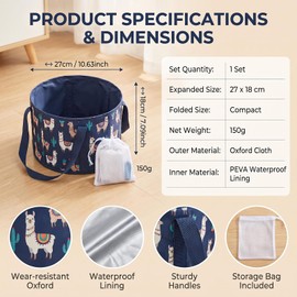 Navy Blue Collapsible Print Foot Soak Tub 15L Travel Feet Basin