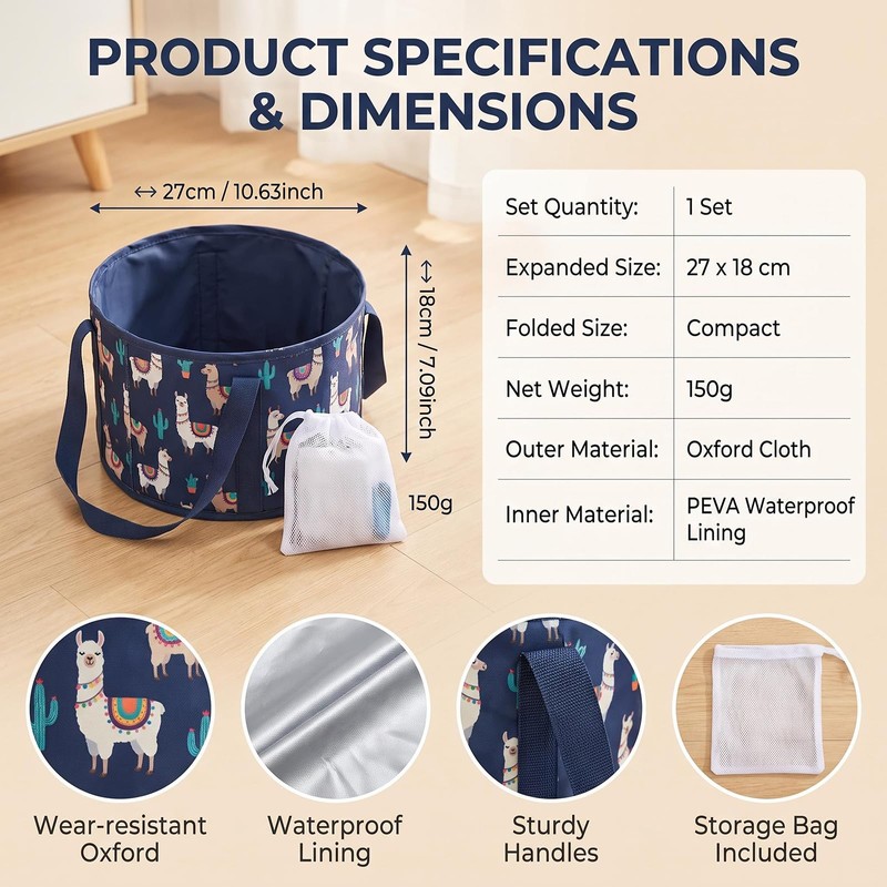 Navy Blue Collapsible Print Foot Soak Tub 15L Travel Feet