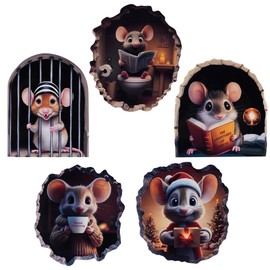 Taesytii 𝟓𝐏𝐂𝐒 3D Mouse Wall Stickers Murals Vinyl Art Peel and Stick Decals Wall Hole Cover for Kids Room Boys Girls Bedroom Playroom Bathroom Classroom Readingroom Funny Decor