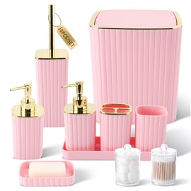XLHOMO Pink Bathroom Accessories Set - Gorgeous Bathroom Set, 10PC Bathroom Accessory Set, Toilet Brush, Trash Can, Qtip Holder Dispenser & Soap Dispenser