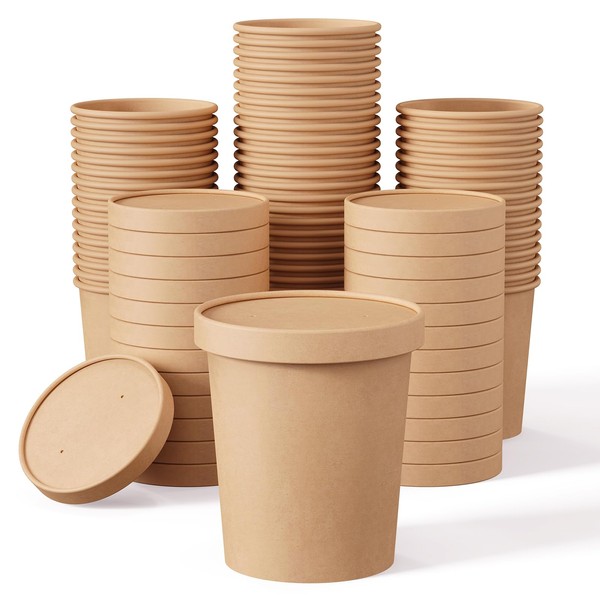 50pack 16oz Paper Soup Containers with Lids, Disposable Kraft Paper Food Cups, Ice Cream Cups, Paper food Storage with Lids, Microwavable and freezer safe, Suitable for Christmas Thanksgiving (Brown)