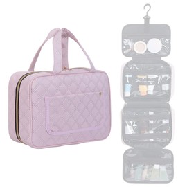 LANDFOBO Hanging Toiletry Bag Travel Makeup Organizer for Women and Men with Hooks Water-resistant Multi Compartment Transparent Cosmetics Storage Box for Makeup Accessories, Toiletries Pink