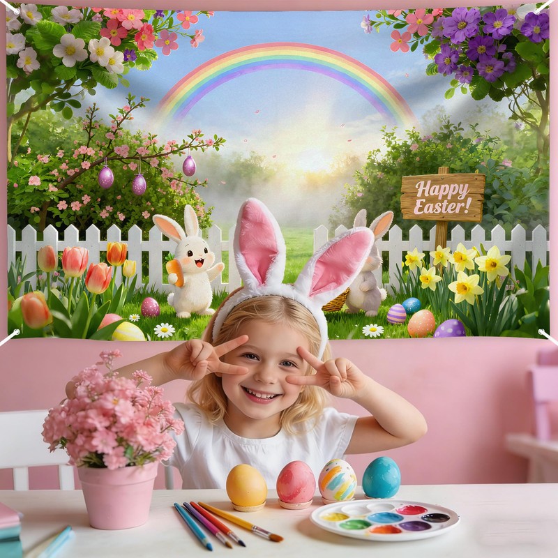 Easter Backdrop for Photography Banner - High-Density Non-Reflective Fabric Happy