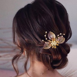 Campsis Flower Hair Pins for Wedding Glod Crystal Bride Hair Piece Floral Levf Rhinestones Hair Accessories for Bridal Bridesmaids Prom Party Dinner