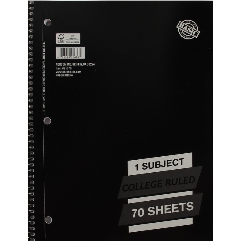 1 Subject College Ruled Spiral Notebook Solid Colors Perforated Edge