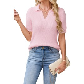 Cakulo Womens Fuzzy Cropped Short Sleeve V Neck Fall Sweaters 2025 Polo Collared Knit Pullover Sweater Light Pink S