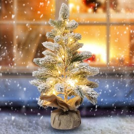 Pre-lit Snowy Mini Christmas Tree, Small Tabletop Flocked Christmas Tree with 50 LED Lights Xmas Decorations for Holiday Party,Artificial Christmas Tree with Lights, 20 Inches