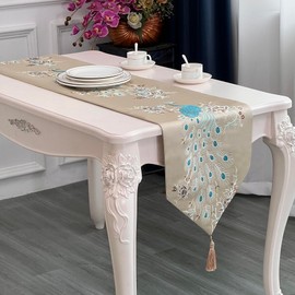 MAGILONA Home Tablecover Decorative Luxurious Cotton Linen Embroidered Floral Pattern Table Runner with Tassel Dining Party 13x83 In (Brown)