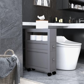 HOMCOM 6.25" x 20.5" x 28.25" Wood Rolling Narrow Bathroom Side Storage Cabinet - Gray