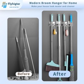 10 Pack Heavy Duty Mop and Broom Holder Wall Mount, No Drill Self Adhesive Stainless Steel Hanger with Hooks, Anti-Slip Tool Organizer for Bathroom, Kitchen, Garage, Laundry Room (10, Silver)