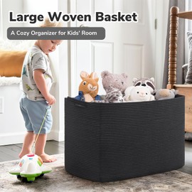 Goodpick Large Woven Storage Basket, 105L Extra Large Blanket Basket for Living Room, Bedroom, Rectangle Cotton Rope Organizer for Toy Storage, 25”x16”x16”, Black