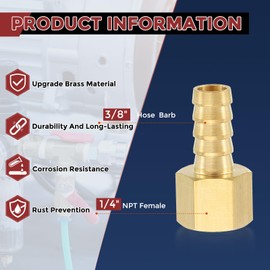 Kozelo Pack of 5 Brass Hose Barbed Fittings Adapter Connector 3/8" Hose Barb to 1/4" NPT Female Fittings for Home Machines, Massage Bathtubs, Irrigation Systems, and Brewing Equipment