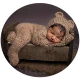 Newborn Boy Photoshoot Outfits and Props Bear Bonnet with Footed Romper Infant Baby Photography Outift (Khaki)