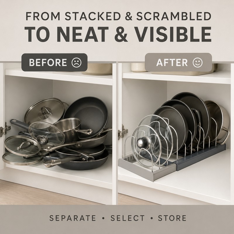 7-Grid Adjustable Pot and Pan Organizer Rack, Expandable Metal Lid