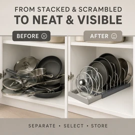 7-Grid Adjustable Pot and Pan Organizer Rack, Expandable Metal Lid Holder for Kitchen Cabinet Drawer Storage