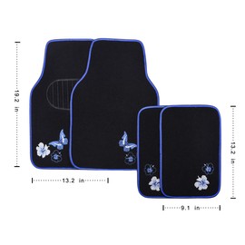 CAR PASS Universal Fit Embroidery Butterfly and Flower Car Floor Mats, Blue Car Floor Mats Fit 95% Automotive,SUVS,Sedan,Vans,for Women,Girly,Set of 4 (Black with Blue)