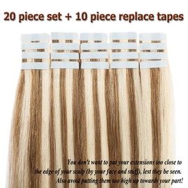 Tape in Human Hair Extensions Highlighted Brown Blonde 20pcs 30g 12 inch Long Remy Hair Seamless Double Sided Tape on Rooted Skin Weft for Women 12inch Ash Brown & Bleach Blonde