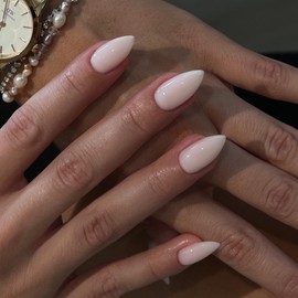 SXVME White Press on Nails Short Almond Shaped, White Nails Press on, Natural Glue on Nails Short Stiletto, Glossy Solid Colored Fake Nails Press ons, Soft Gel Glue on Nail for Women 30 Pcs