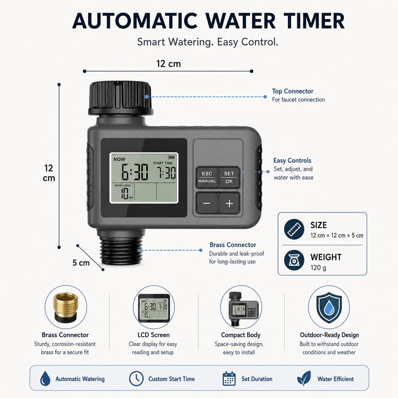 Automatic Water Timer for 2-Zone Garden Irrigation – IPX7 LCD