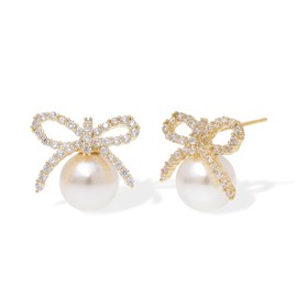 Jean Beau Gold Bow Pearl Stud Earrings for Women Dainty Hypoallergenic CZ Ribbon Wedding Bridal Bridesmaid Earring Christmas Holiday Fashion Outfit Accessories Jewelry Gift.