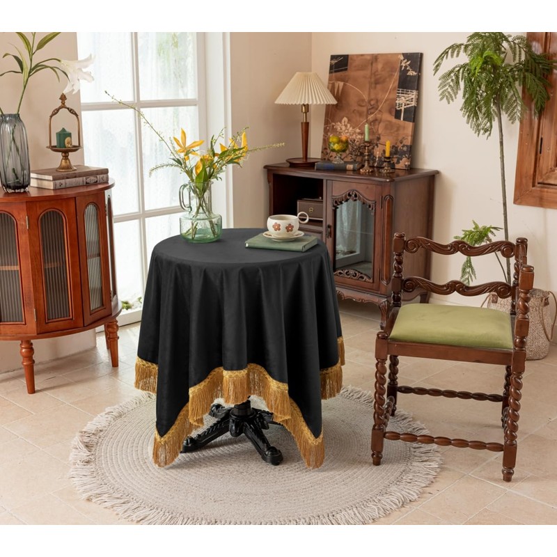 F-CHU Luxury Black Tablecloth Thickset Velvet Tablecloth with Beautiful Gold
