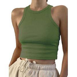 Artfish Women Casual Basic Sleeveless High Neck Rib-Knit Front Racerback Crop Tank Top 01#Olive Green,S