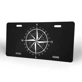 Black and White Compass Rose Aluminum Plate Decorative for Car Novelty Car Sign Vanity Tag 6×12 Inch - 4 Holes