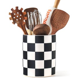 Swkien Utensil Holder，7.2 Inch Checkered Utensil Holder, Ceramic Cooking Utensil Spoon/Spatula Holder for Countertop, Kitchen Decor and Accessories for counte(Black)