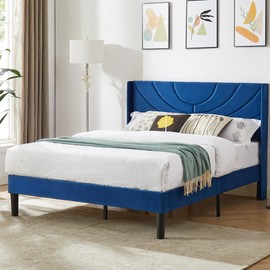 VECELO Queen Size Bed Frame Upholstered Platform with Wave Fabric Headboard,Wooden Slats Support/No Box Spring Needed/Mattress Foundation/Easy Assembly,Dark Blue