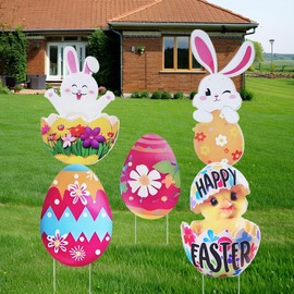 Easter Yard Signs Decorations Outdoor Cute Easter Bunny Chick Lawn Stake Sign with H Stands Spring Decor for Garden Hunt Game Party Supplies Prop