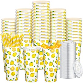 Tessco 150 Pieces/50 Sets Lemonade Cups with Lids and Paper Straws 24oz Disposable Iced Coffee Paper Cup Summer Citrus Cold Cups for Lemonade Stand Supplies Fruit Party Beverages Drinks Juices